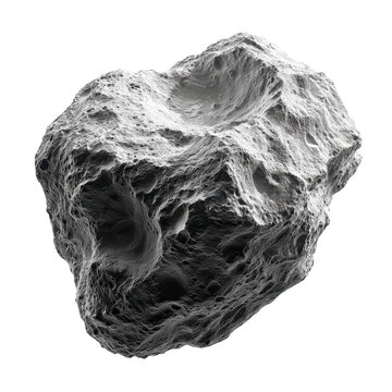 Detailed grayscale image of a rough asteroid with craters, isolated on transparent background