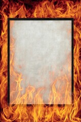 Blank piece of paper framed by vibrant flames, showcasing contrast and heat.