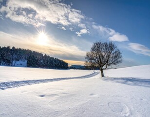 Obraz premium Winter Landscape with Snow Covered Field Tree and Cloudy Sky Under Bright Sunlight