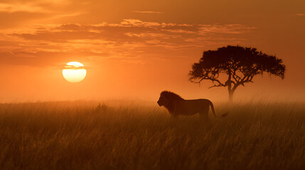 A lone lion silhouetted against a sunset drenched savanna (1)