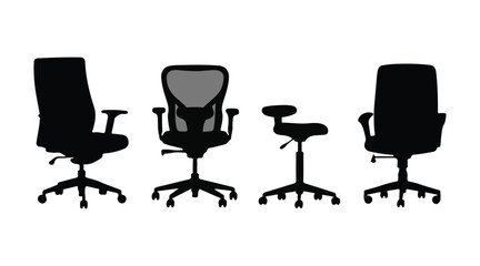 Obraz premium A collection of black silhouettes depicting office chairs with wheels. Contemporary furniture designed for the business workspace. Vector images set against a white background.