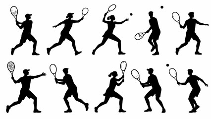 Silhouette of tennis players' body movements, a collection of vector illustrations