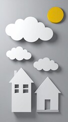 Minimalist white paper cutouts of houses clouds and sun on grey background.