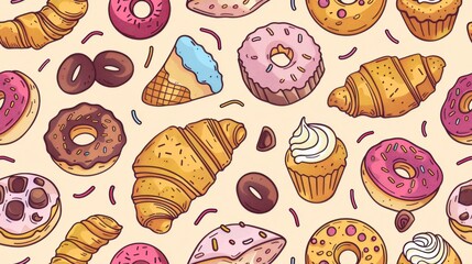 Delightful and Delicious Pattern of Assorted Doughnuts, Croissants, and Cupcakes