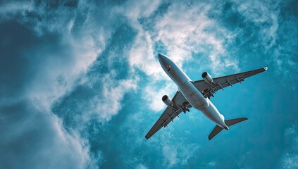 Obraz premium A white airplane soaring high above the clouds on a bright day