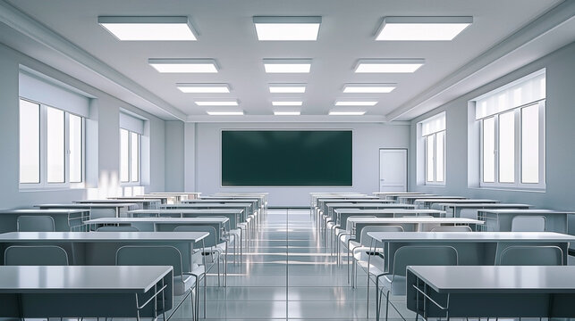 Clean and Tidy Empty Classroom Ready for Students to Learn in a Modern Environment
