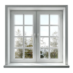 Fototapeta premium White window frame with a view of snowcovered trees isolated on transparent background