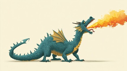 Obraz premium Cartoon dragon, teal colored, spitting orange fire, fantasy creature
