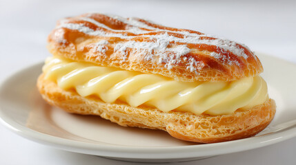 サクサクのシュー生地に濃厚なカスタードクリームがたっぷり詰まった粉砂糖がけの美しいエクレア