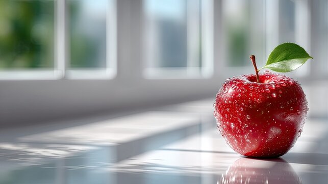Red Apple with Water Droplets Against Window Cinematic Still Life