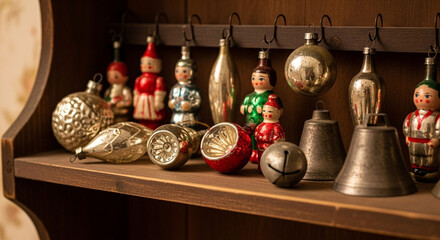 Obraz premium A charming display of vintage christmas ornaments and bells arranged on a wooden shelf, capturing the essence of a nostalgic holiday celebration