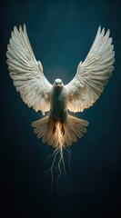 A majestic white dove, wings outstretched, soars against a dark backdrop, illuminated by ethereal lightning emanating from its body.