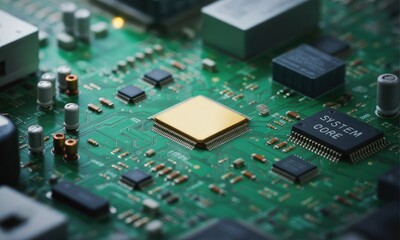 Detailed green circuit board with gold central chip, close-up shot