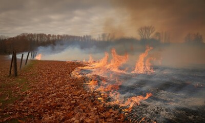 Fototapeta premium Field aflame, fence bordering leaves, smoke rising under a cloudy sky