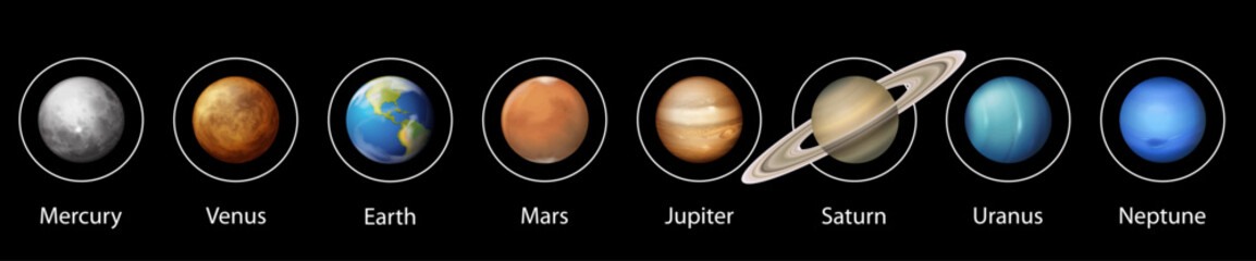 Solar system planets realistic icons set on black space background