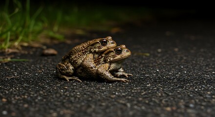 Obraz premium Frogs mating nighttime roadside