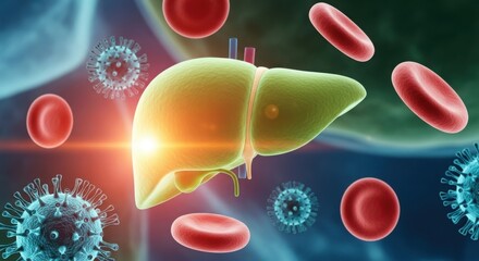 Liver disease with virus and red blood cells illustration