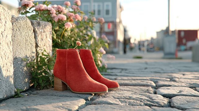 Red Sequin Ankle Boots on Cobblestone Near Pink Roses on Urban Street in Soft Golden Light Fashion Product Photography