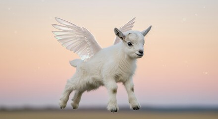 Whimsical winged goat against soft pastel sky creative design concept