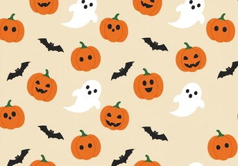 Fototapeta premium Halloween Pattern with Pumpkins, Ghosts, and Bats.