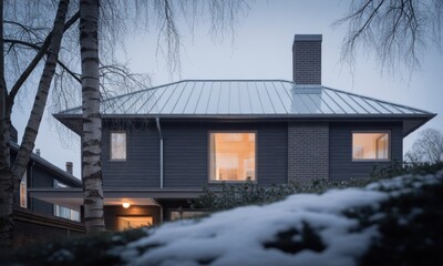 Gray house with snow, metal roof, and brick chimney at dusk