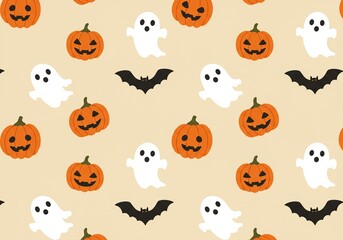 Halloween Pattern with Pumpkins, Ghosts, and Bats.