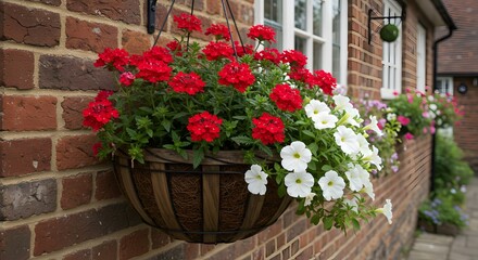 Hanging flower baskets on brick wall