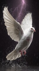 A majestic white dove soars through a dramatic downpour, lit by vibrant purple lightning.