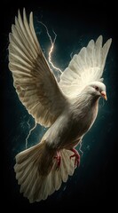 A majestic white dove soars through a dramatic storm, illuminated by powerful lightning bolts.