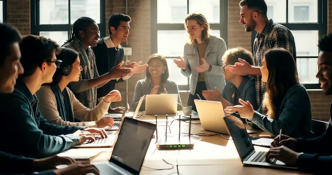 Diverse team brainstorming in bright office setting, collaborative innovation success, - Powered by Adobe