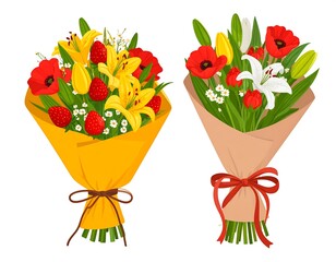 Vibrant flower bouquets with fruit accents