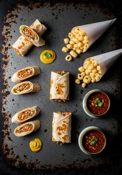 A golden plate of dal bafle with two bowls of chutney on a dark background in a studio setting