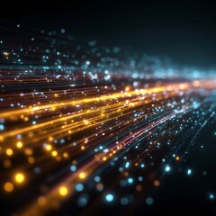 Obraz premium Glowing neon lines streaming across a futuristic dark background, symbolizing digital data transfer, cyber network connections, and technology flow