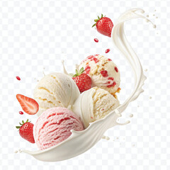 realistic creamy vanilla and strawberry ice cream scoops with milk splash in different style isolated on transparent background