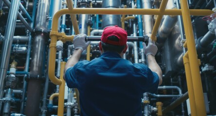 Fototapeta premium Man working on complex piping system in industrial setting, back view