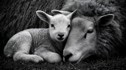 Fototapeta premium A black and white photo of a lamb cuddling up with its mother sheep (2)