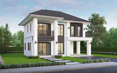 Modern house exterior daylight with lawn grass.3d rendering