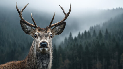 Majestic deer with large antlers stands alert in front of misty forest, creating serene and captivating wildlife scene in natural habitat