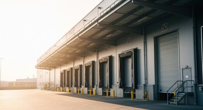 Modern warehouse exterior with loading docks