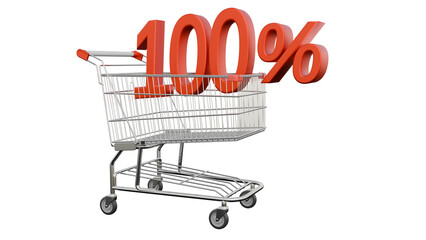 Shopping cart with large red discount sign shows 100 percent off sale during holiday season
