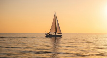 Sailboat at sunset. Calm seas. Golden hour