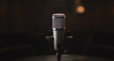 Retro microphone on a stand, against a dark bokeh background