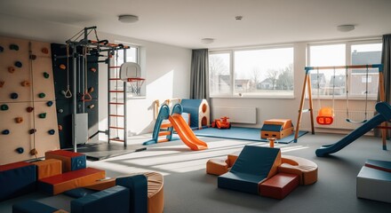 Bright, spacious playroom with various activities