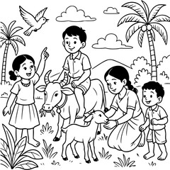 Grandma storytelling under neem tree in Tamil village – line art illustration 
