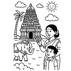 Grandma storytelling under neem tree in Tamil village – line art illustration 