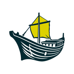 Stylized Teal Fishing Boat with Yellow Sail Fisherman’s Boat Traditional wooden kaiki with nets and mast simplified contours in deep tea