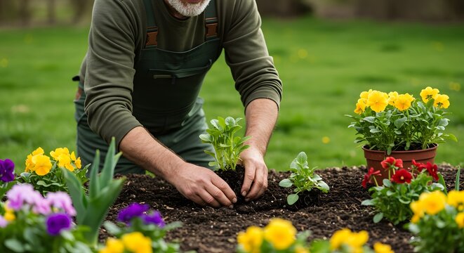 Senior gardener planting flowers