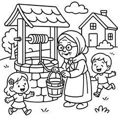 Grandma storytelling under neem tree in Tamil village – line art illustration 