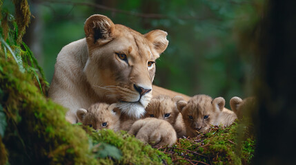Obraz premium A lioness nurturing her newborn cubs in the safety of the forest (1)