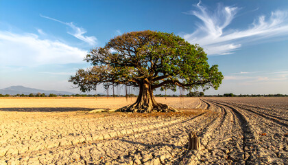 Fototapeta premium Mighty banyan tree with few leaves left, surrounded by barren land, climate change concept